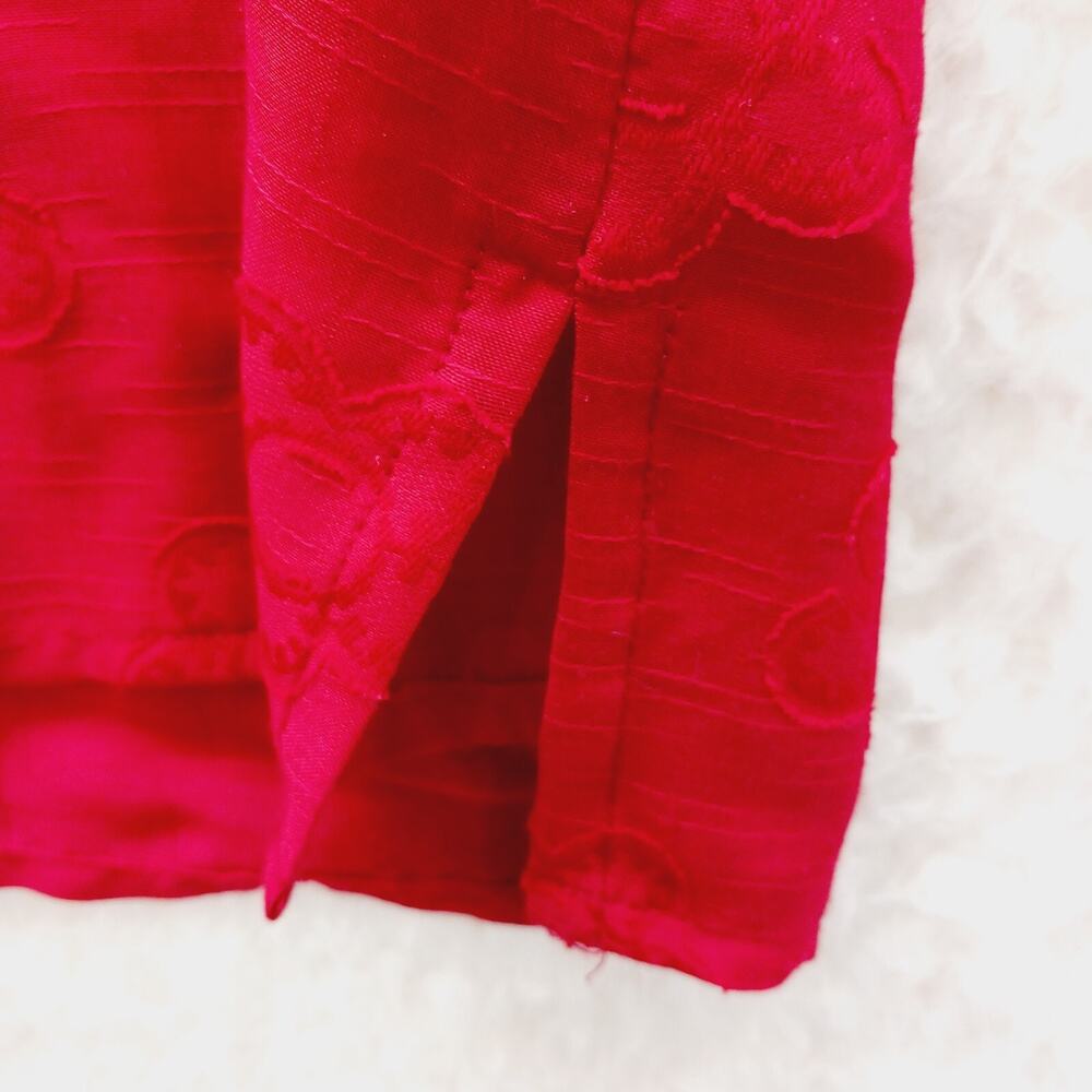 Blouse Button Up Red Floral Embossed Office Siren Minimalist Chic Festival Sz L - Picture 8 of 10